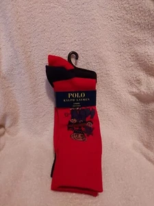 Polo Ralph Lauren Bear Holiday Dress Socks 2 Pairs Mens Shoe Sz 6-12.5 Red/Black - Picture 1 of 5