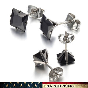 3mm-8mm Black Square Cubic Zirconia for Men&Women Stainless Steel Earrings