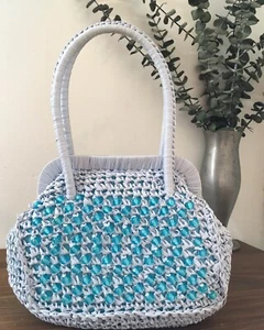 1950s 1960s Light Blue Beaded Raffia Handbag, Vintage Purse, Mid Century Purse - Picture 1 of 12