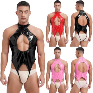 Men’s Patent Leather One Piece Leotard Slim Fit Jumpsuits Zip-up Back Bodysuits - Picture 1 of 44