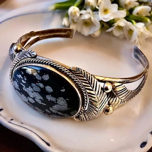 Amerikanische Ureinwohner Schneeflocke Obsidian Sterlingsilber Armreif Armband signiert L Pina - Bild 1 von 11
