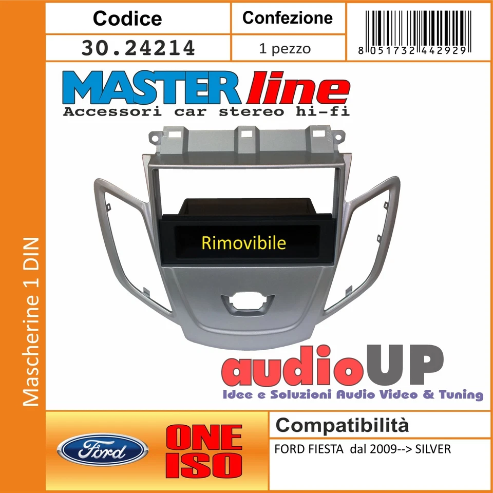 MASCHERINA AUTORADIO 1 DIN FORD FIESTA DAL 2009 IN POI ADATTATORE UN DIN SILVER - Immagine 1 di 2