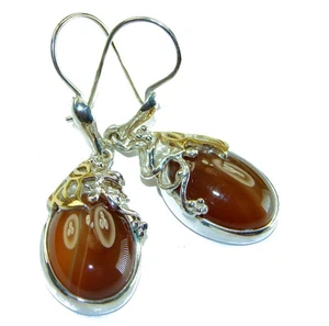 Orange Carnelian Earrings 925 Sterling Silver Handmade Oval 2-Tone Gemstone - Picture 1 of 4
