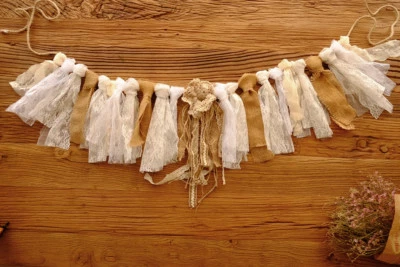 Shabby BOHO Chic Lace & Valance Fabric Banner Rustic Wedding Garland Burlap - Image 1 of 2