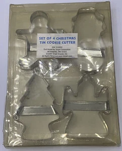 Christmas Tin Cookie Cutters NOS 2004 set (4) Snowman/Angel/Tree/Gingerbread Man - Afbeelding 1 van 6