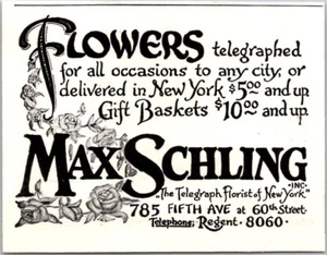 PRINT AD 1926 Max Schling Telegraph Florist of New York SMALL 2.5 x 3 - Picture 1 of 3