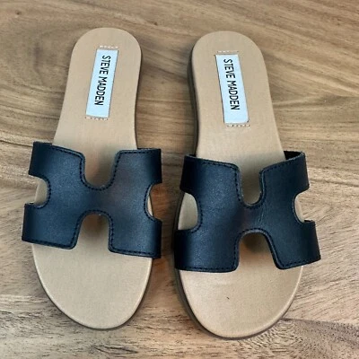 New NWOB Big Kids Steve Madden Hoku Black Leather Slides Sandals Size 3 Y - Image 1 of 4