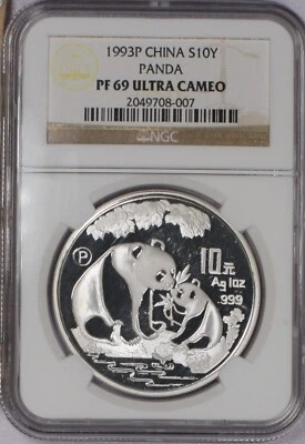 1993-P Silver Panda 1 oz. 10 Yuan NGC PF69 Ultra Cameo. Free shipping. - Image 1 of 2
