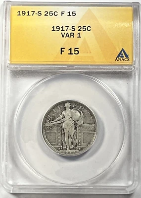 1917-S Type 1 Standing Liberty Quarter : ANACS F12 - Image 1 of 4