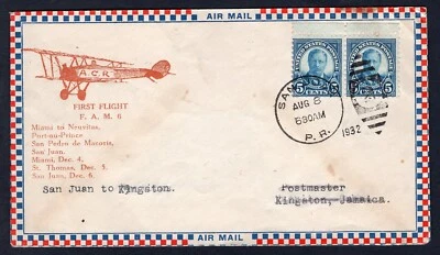 USA 1932 First Flight Cover. Puerto Rico - Jamaica. FAM 6. Roessler Design - Image 1 of 2