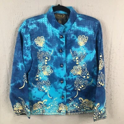 Chaqueta Alex Kim Mujer PS Petite Pequeña Azul Tie Dye Arte Vidrio Botón Asiático Boho Foto 1 de 4