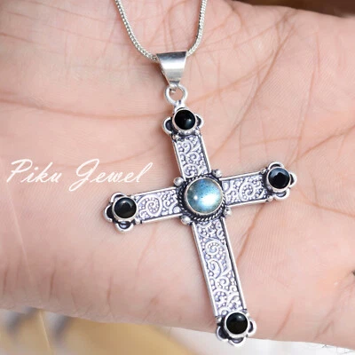 Labradorite e pietra preziosa onice nera argento sterling 925 croce Gesù rega... - Immagine 1 di 4