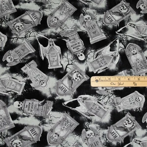 Wicked Eve BlackTombstones Gravestone Halloween Fabric 1/2 Yard #C8641 - Picture 1 of 2