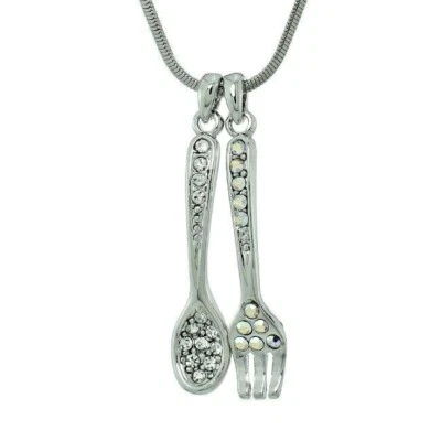 Spoon Fork Pendant Made With Swarovski Crystal Food Clear AB Necklace 20" Chain Foto 1 de 2
