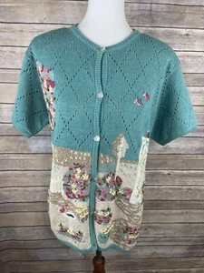 Vintage Jantzen Hand Embroidered Cardigan Floral Birds Button Up L/XL Short Slv - Picture 1 of 10