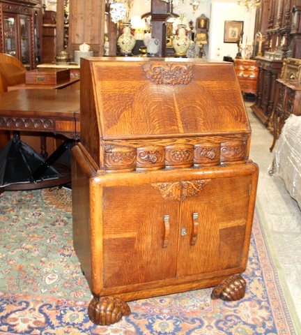 English Antique Tiger Oak Art deco  Front Drop Desk Cover