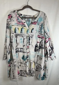 Catherine’s 4x Women’s 3/4 Sleeve V Neck Button Up Cityscape Artsy Graffiti NWT - Picture 1 of 4