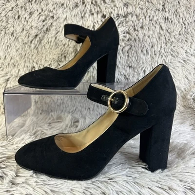 Liz Claiborne Suede Heels Mary Jane Pumps Black Gold Buckle Chunky Heel 7.5 - Image 1 of 4