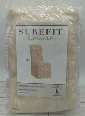 SureFit Scroll Long Dining Chair Slipcover Champagne Full Length - Image 1 of 4