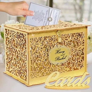 Gold Wedding Card Box - Glittery Wooden Card Boxes with Lock, Gift Card Box M... - Picture 1 of 7