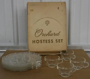 Juego de bocadillos de anfitriona de vidrio transparente Hazel Atlas Orchard de colección de los años 50 para 4 en caja * - Imagen 1 de 9