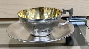 Vintage 1960’ Russian Sterling Silver 875 Cup Plate Gold Wash Tea Set Moscow
