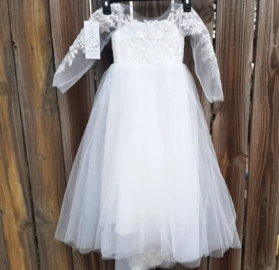 Vestido Primera Comunión Princesa Manga Larga Tul Boda Flor Niña Encaje 2 Foto 1 de 4