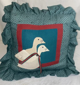 Quilted Duck Pillow with a Pair Of Ducks Vintage Green ruffled pillow 14” Square - Picture 1 of 5