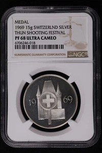 1969 Switzerland Thun Shooting Festival Silver Medal - NGC PF 68 UC - Picture 1 of 2