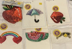 6 Vintage Sequin Applique Lot Apples Umbrella Rainbow Watermelon Sunglasses 4-5” - Picture 1 of 7