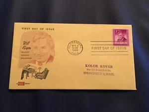 FDC 1948#975 1st KOLOR KOVER WILL ROGERS HUMORIST 3Cent Denomination USA - Picture 1 of 2