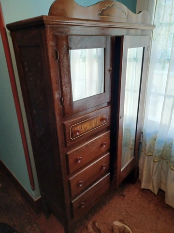 full length mirror on hanging rack door, four drawers w square door and mirror Cover