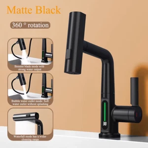 Digital Display Basin Faucet Pull Out Lifting Bathroom Faucets 3 Ways Nozzle Rai - Picture 1 of 15