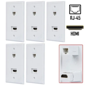 5 Pcs Recessed Wall Plate 1-Gang Cat5e RJ45 Ethernet + HDMI Video Coupler White - Afbeelding 1 van 3