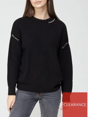 V By Very Crew Neck Silver Pearl Detail Knitted Jumper Black Size 12 - Image 1 of 4