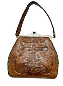 Antique Art Nouveau Leather Embossed Dragonfly Vintage Purse Handbag - Picture 1 of 5