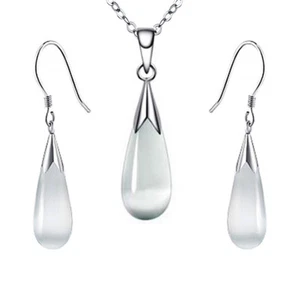 Women Jewelry Set 14k White Gold Plated Water Drop Stone Necklace and Earrings  - Picture 1 of 23