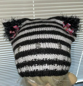 Hand Knitted Cat Hat Black Grey Tartan Stripe Skull Goth Grunge Punk Women Men - Picture 1 of 4