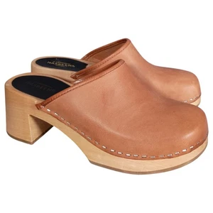 Swedish Hasbeens Schuhe 7 Damen hellbraun Ehemann Leder Clog Block geschlossene Zehe Mitte - Bild 1 von 11