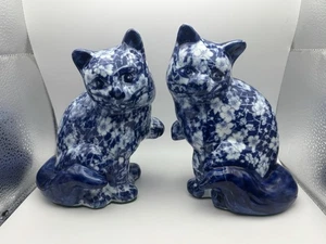 Lot Of 2 Vintage Floral Blue & White Porcelain Chintz Cat Figure 6 3/4” READ - Picture 1 of 11