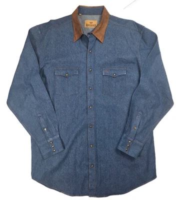Camisa King Ranch Denim Gamuza Cuello Bolsillo en el Pecho Botón a Presión L/S Para Hombre Talla XL Foto 1 de 4