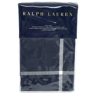 1 Ralph Lauren Modern Equestrian Windowpane King Size Pillow Sham Navy Cream ONE - Image 1 of 4
