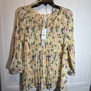 Spense Women’s 3/4 Sleeve Pleated Top NWT Yellow Floral - Picture 1 of 6