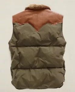 Double RL RRL Ralph Lauren Fur Collar Leather Yolk Olive Green Puffer Vest Men M - Picture 1 of 18