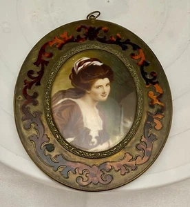 ANTIKES MINIATUR GEMÄLDE PORTRAIT, MESSING OVALER RAHMEN, LADY HAMILTON, um 1900 g - Bild 1 von 4