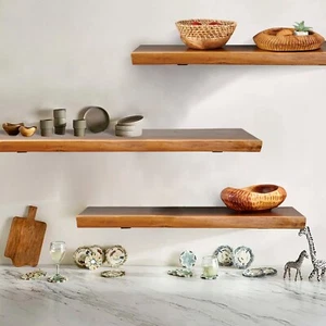 Rustic Teak Natural Edge Floating Shelf without Brackets - Picture 1 of 33