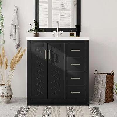 30'' Bathroom Vanity with Resin Sink Combo Wood Bathroom Storage Cabinet Black - Image 1 of 4