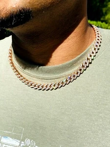 Men's Miami Cuban Link Chain 10mm Ice Out 14k Rose Gold CZ VVS Real 18" Choker - Picture 1 of 11