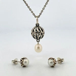 Sterling Silver 925 Pandora Pearl drop necklace and Pear earrings - Picture 1 of 12