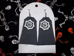 FRINGED BLACK LEATHER SPIDERWEB EARRINGS WITH  ENAMEL CHARMS - Picture 1 of 3